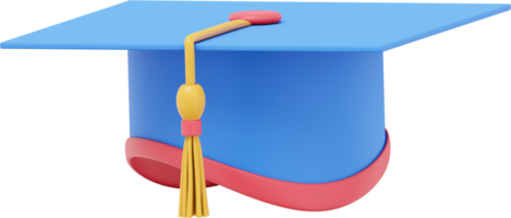 Graduate cap. Mortar board for a student at a university, school, college. 3D rendering. Multicolored PNG icon on transparent background.
