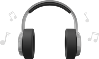 Wireless headphones and flying music notes front view. Gray PNG icon on a transparent background. 3D rendering.