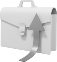 White briefcase with a silver arrow growing up, seen from the side. PNG icon on transparent background. Business portfolio success. 3D rendering.