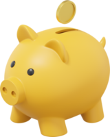 Yellow piggy bank, dropping coins. PNG icon on transparent background. 3D rendering.