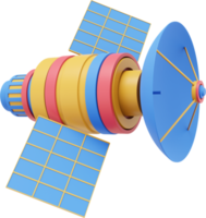 Space satellite with an antenna. Orbital communication station intelligence, research. 3D rendering. Multicolored PNG icon on transparent background.