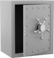 Retro safe with wheel handles. Gray open storage. PNG icon on transparent background. 3D rendering.