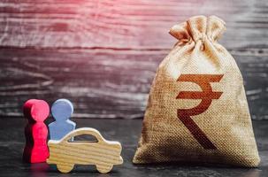 figuras de pareja y bolsa de dinero de rupia india. politica de transporte investigación social, preferencias del consumidor. mercadeo y focalización. subvención demográfica. inversiones. segmentación. nivel de ingresos y riqueza. foto