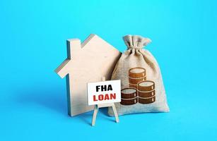 Silhouette of a house with a money bag and FHA loan easel. Mortgage insured by Federal Housing Administration Loan. Affordable financial instrument for borrowers with a low credit score. High risk photo