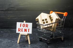 Homes in a shopping cart and for rent easel. Real estate realtor services. Legal procedure for concluding a contract. Investment in rental business. Purchase of housing for rent. photo