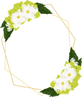 white cosmos and green hydrangea flowers bouquet with golden frame wreath png