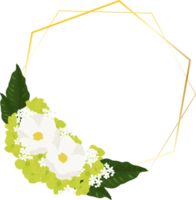 white cosmos and green hydrangea flowers bouquet with golden frame wreath png