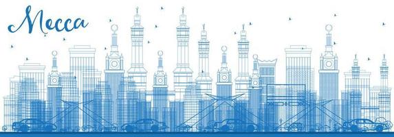 Outline Mecca Skyline with Blue Landmarks. vector