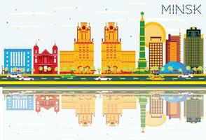 Minsk Skyline with Color Buildings, Blue Sky and Reflections. vector