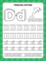 Trace letters of English alphabet and fill colors Uppercase and lowercase D. Handwriting practice for preschool kids worksheet. vector