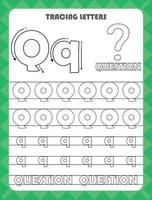 Trace letters of English alphabet and fill colors Uppercase and lowercase Q. Handwriting practice for preschool kids worksheet. vector