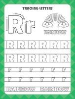 Trace letters of English alphabet and fill colors Uppercase and lowercase R. Handwriting practice for preschool kids worksheet. vector