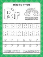 Trace letters of English alphabet and fill colors Uppercase and lowercase R. Handwriting practice for preschool kids worksheet. vector