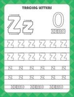 Trace letters of English alphabet and fill colors Uppercase and lowercase Z. Handwriting practice for preschool kids worksheet. vector