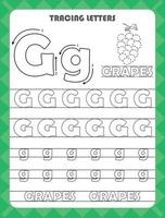 Trace letters of English alphabet and fill colors Uppercase and lowercase G. Handwriting practice for preschool kids worksheet. vector