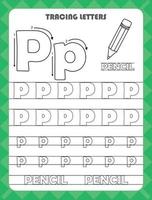 Trace letters of English alphabet and fill colors Uppercase and lowercase P. Handwriting practice for preschool kids worksheet. vector