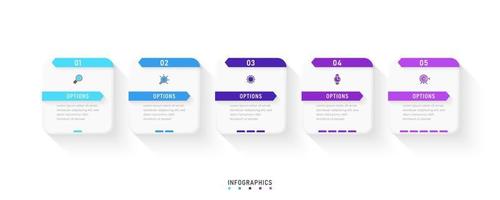 plantilla de diseño de etiquetas infográficas vectoriales con iconos y 5 opciones o pasos. se puede utilizar para diagramas de proceso, presentaciones, diseño de flujo de trabajo, banner, diagrama de flujo, gráfico de información. vector