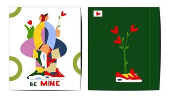conjunto creativo de tarjetas de felicitación del día de san valentín. diseño vectorial plano. pareja enamorada tomados de la mano. ilustración estilizada de personas modernas. vector