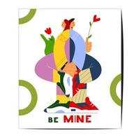 Saint Valentine's Day Greeting Card Flat Vector Design. Couple In Love Standing Back To Back Holding Hands. Stylized Modern People Illustration.