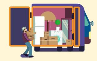 Man carrying heavy boxes to the moving truck full of furniture and boxes. Flat vector illustration.