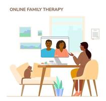 Online Family Therapy Concept Flat Vector Illustration. Woman Psychologist Or Psychotherapis Giving Online Session To African American Couple By Videoconference From Her Office.