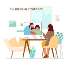 Online Family Therapy Concept Flat Vector Illustration.  Woman Psychologist Or Psychotherapis Giving Online Session By Videoconference From Her Office.