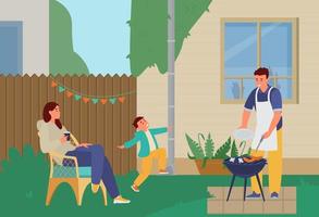 familia haciendo una fiesta a la parrilla en el patio trasero. ilustración vectorial plana. vector