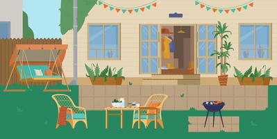 House Backyard Or Patio With Grill, Garden Swing, Garden Wicker Furniture. Flat Vector Illustration.