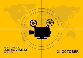 World day for audiovisual heritage background with big camera and map. vector