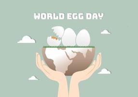World egg day background banner poster with three eggs on earth hand. vector