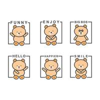 Six happy teddy bears isolated on white background. vector