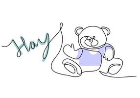 One continuous single line of hello teddy bear on white background. vector