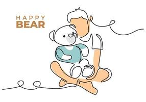 One continuous single line of man hug teddy bear on white background. vector