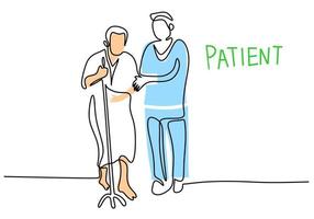 One continuous single line of doctor help patient on white background. vector