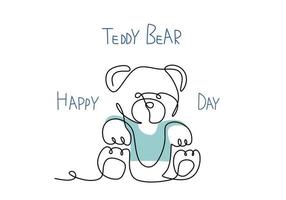 One continuous single line of cute teddy bear on white background. vector