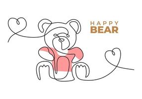 One continuous single line of happy teddy bear on white background. vector