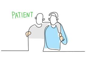 One continuous single line of doctor help patient on white background. vector