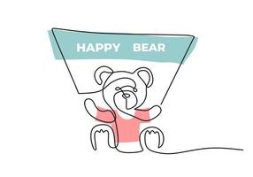 One continuous single line of happy teddy bear on white background. vector