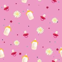 A lot of baby bottles, colorful seamless pattern, hand drawn icons. Background with baby foods. Decorative wallpaper, good for printing, vector