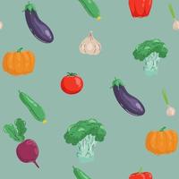 patrón sin costuras con verduras coloridas dibujadas a mano. conjunto de vectores de estilo de boceto. conjunto de iconos planos de verduras pepino, zanahoria, cebolla, tomate.