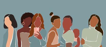 The girl's friends hug. Abstract portrait of girls. A modern poster with a group of women of different appearance and nationality. The concept of equality, rights. Horizontal banner. Vector graphics