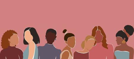 The girl's friends hug. Abstract portrait of girls. A modern poster with a group of women of different appearance and nationality. The concept of equality, rights. Horizontal banner. Vector graphics.