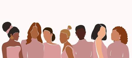 The girl's friends hug. Abstract portrait of girls. A modern poster with a group of women of different appearance and nationality. The concept of equality, rights. Horizontal banner. Vector graphics.