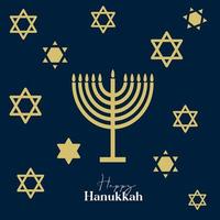 Happy Hanukkah card design with gold symbols on blue color background for Hanukkah Jewish holiday vector