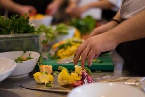 team cooks and chefs preparing meal photo