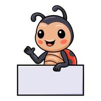 Cute ladybug cartoon with blank sign and waving hand vector