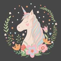 Cute pink unicorn with flowers and floral elements, on a dark background. vector