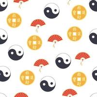 Chinese seamless pattern with feng shui chinese coin with hole, yin-yang, fan, paper lantern vector