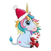 Cute cartoon unicorn in santa hat with gift, christmas ball, candy kane. New Year and Christmas holiday vector