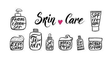 drawing of various skin care products such as - cleansing foam, exfoliant, toner, serum, moisturizer, eye cream, night cream, SPF cream. vector